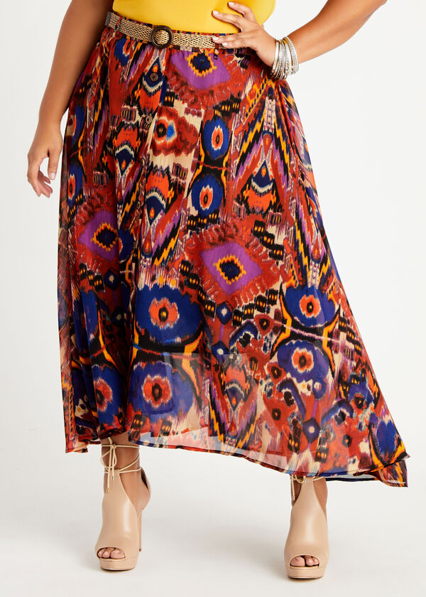 Belted Abstract Hi Low Maxi Skirt, Burnt Henna image number 0