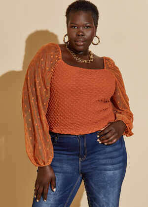 Dotted Mesh Paneled Textured Top, Rust image number 0
