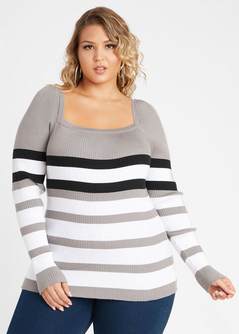 Plus Size Striped Studded V Neck Lightweight Rib Knit Stretch Sweater image number 0