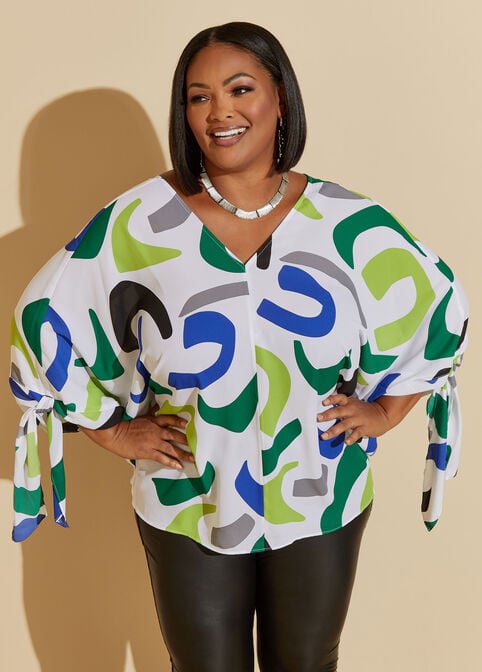 Knotted Abstract Print Crepe Blouse, Abundant Green image number 0
