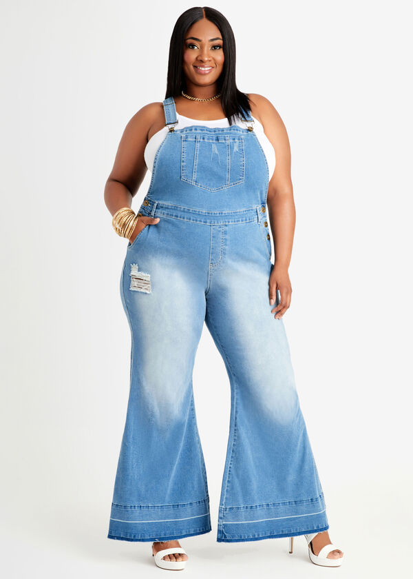 Plus Size Cotton Stretch Flared Wide Leg Distressed Denim Overalls image number 0