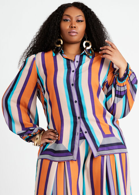 Stripe Semi Sheer Button Up Blouse, Purple Magic image number 2