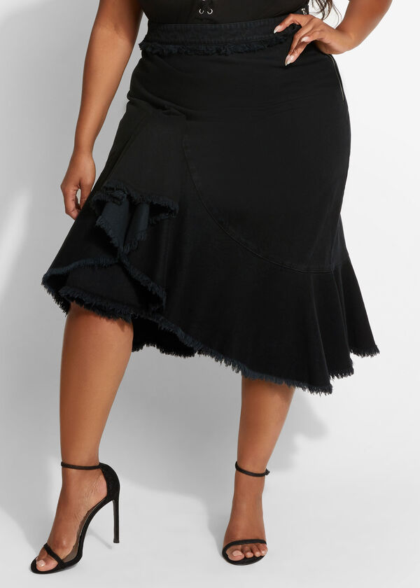 Plus Size Black Ruffle Frayed Raw Edge Hi Low Asymmetric Denim Skirt