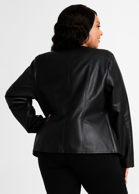 Faux Leather Collarless Jacket, Black image number 1