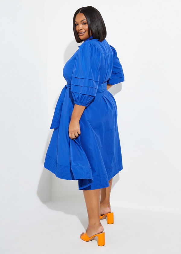 Pleated Cotton-Blend Shirtdress, Sodalite image number 1