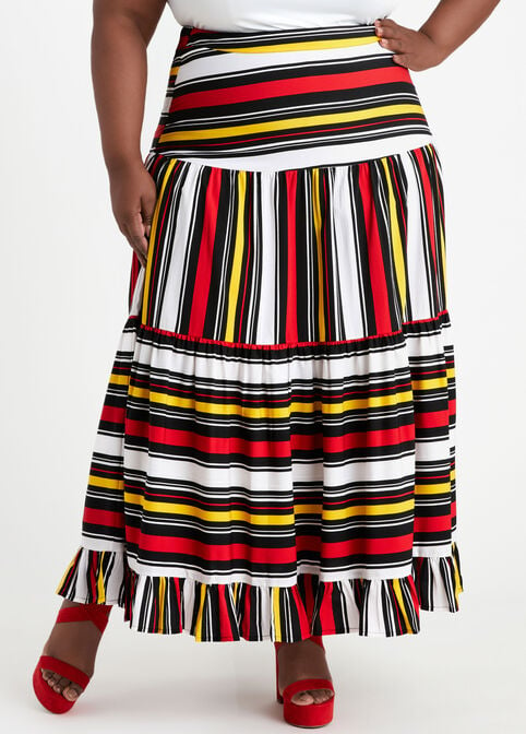 Stripe Ruffle High Waist Maxi Skirt, Tango Red image