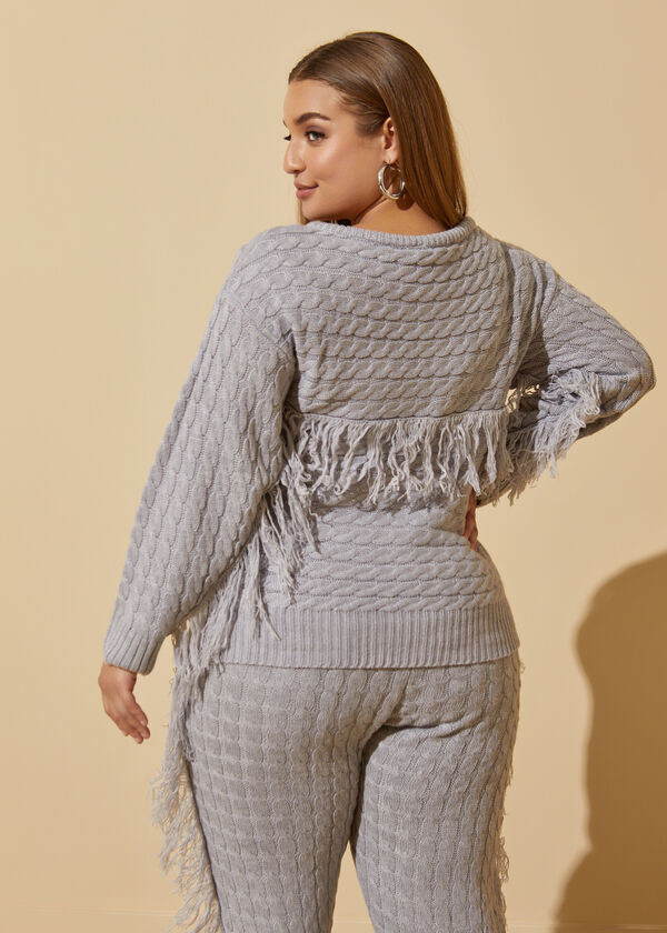Fringed Cable Knit Sweater, Heather Grey image number 1