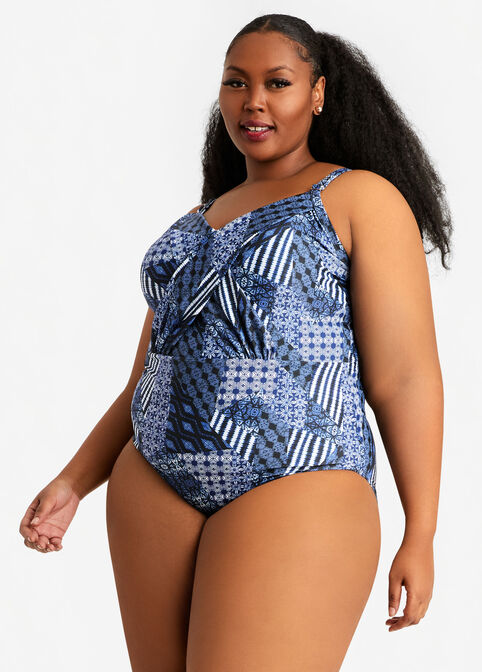 Nicole Miller Printed 1pc Swimsuit, Navy image number 0