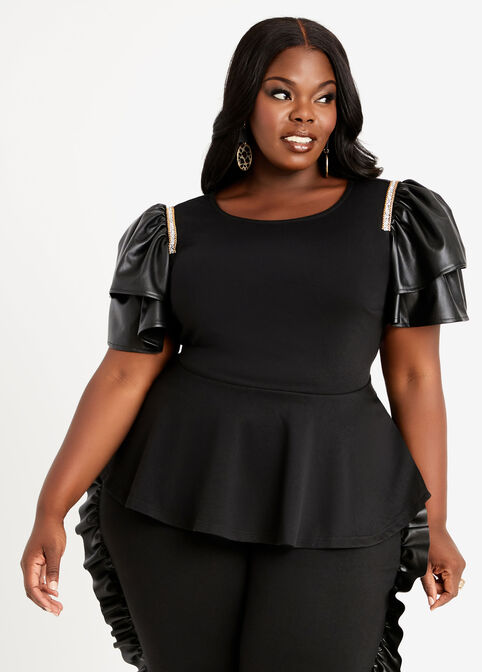Ruffle Faux Leather Peplum Top, Black image number 0