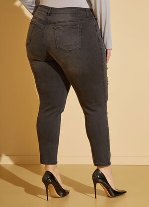 Distressed Mid Rise Skinny Jeans, Black image number 1