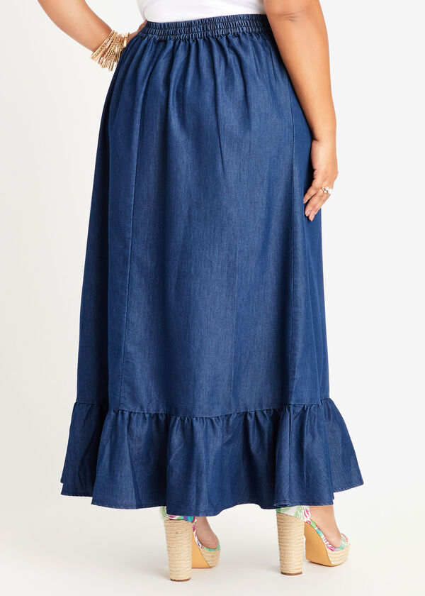 Ruffle Trimmed Chambray Maxi Skirt, Denim image number 1
