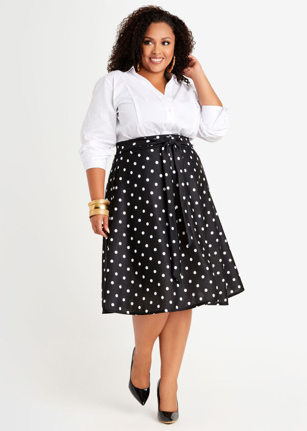 Dot Belted Knit A Line Skirt, White Black image number 2