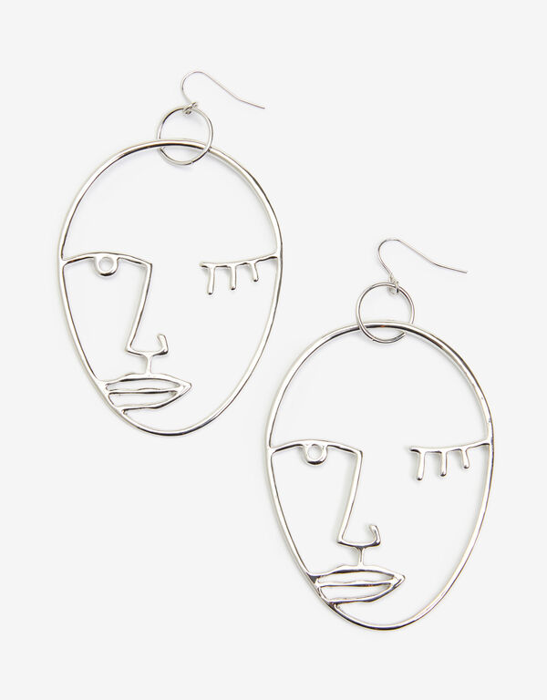 Silver Tone Face Dangle Earrings, Silver image number 1