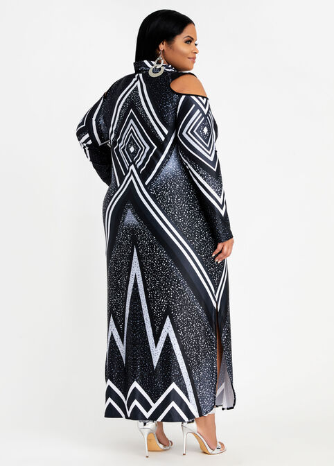 Tall Geo Cold Shoulder Slit Dress, Black Combo image number 1