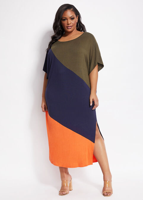 Plus Size Colorblock Dolman Short Sleeve T-Shirt Spring Maxi Dresses image number 0
