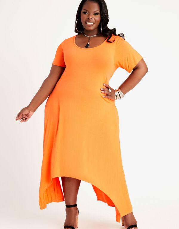 Asymmetric T-Shirt Midi Dress, Flame Orange image number 0