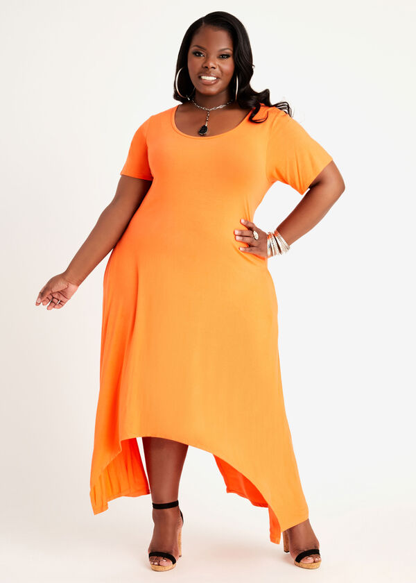 Asymmetric T-Shirt Midi Dress, Flame Orange image number 0