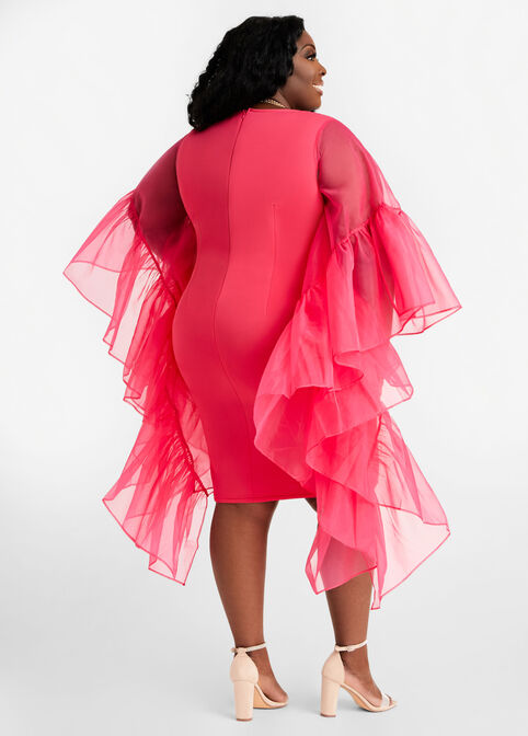 Organza Drama Sleeve Bodycon Dress, Bright Pink image number 1