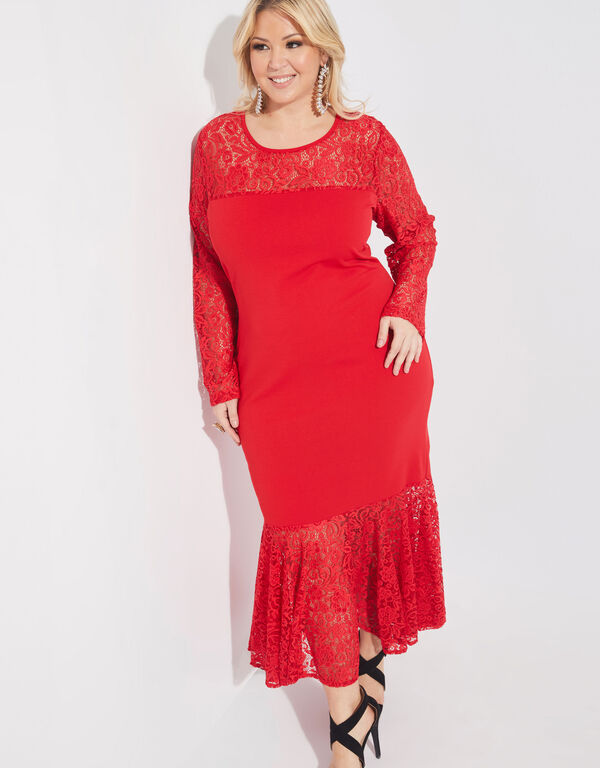 Lace Paneled Flounced Mermaid Gown, Red image number 0