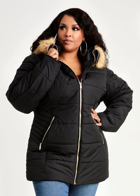 Plus Size Faux Fur Trim Hooded Puffer Zip Front Cozy Chic Short Coat image number 0