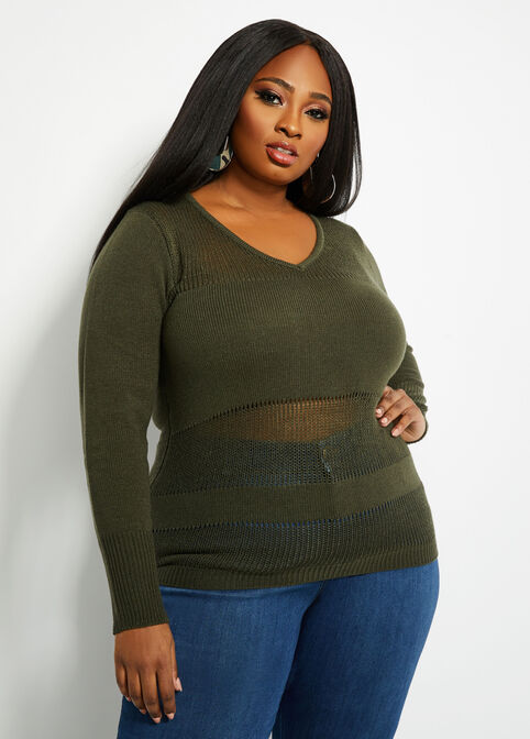 Open Knit Panel V Neck Sweater, Dusty Olive image number 0