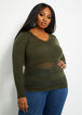Open Knit Panel V Neck Sweater, Dusty Olive image number 0