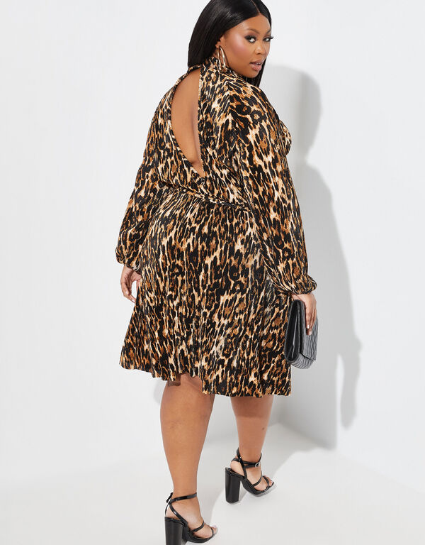 Leopard Print Plisse Satin Dress, Brown Animal image number 1