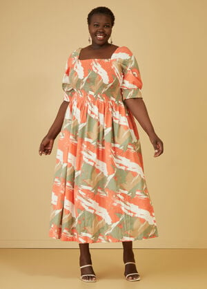 Brushstroke Linen Blend Maxi Dress, LIVING CORAL image number 0