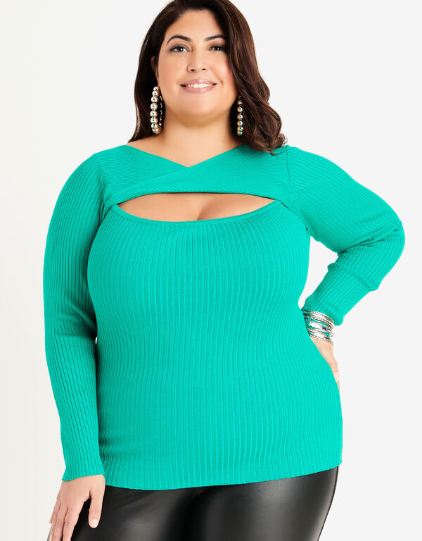 Twist Front Ribbed Knit Top, Pepper Green image number 0