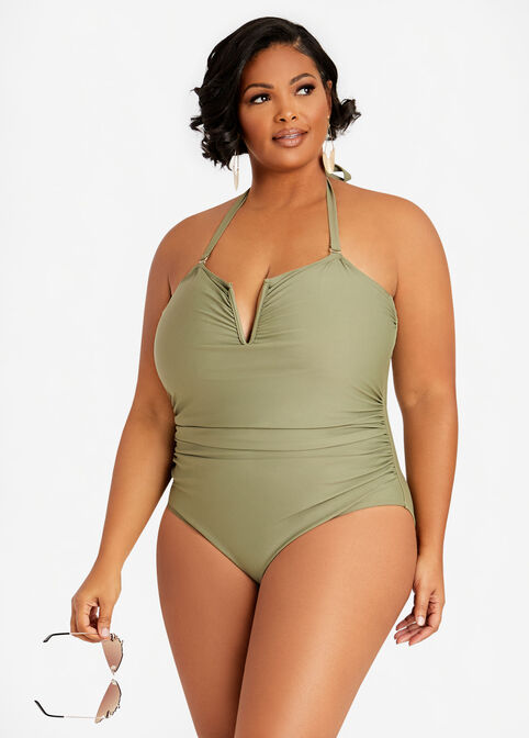 Nicole Miller Ruched 1PC Swimsuit, Olive image number 0