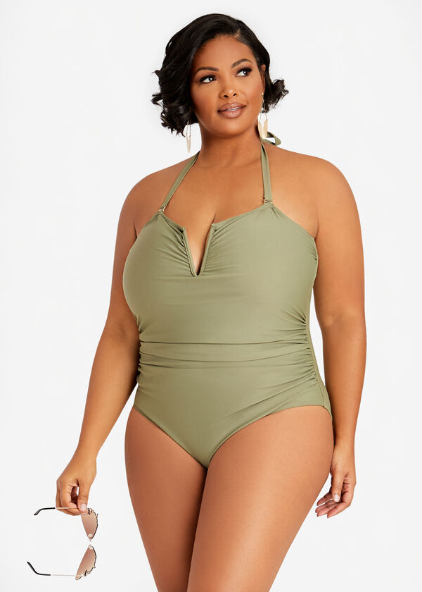 Nicole Miller Ruched 1PC Swimsuit, Olive image number 0