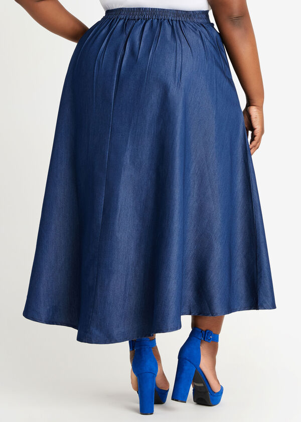 Pleated Hi Low Chambray Midi Skirt, Blue image number 1