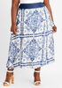 Denim-Paneled Printed Maxi Skirt, Blue image number 0