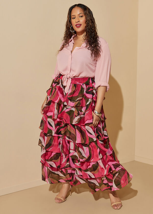 Tiered Printed Maxi Skirt, Bright Rose image number 2