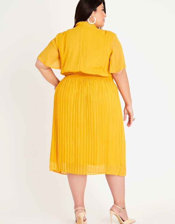 Pleated Tie Neck Midi Dress, Nugget Gold image number 1
