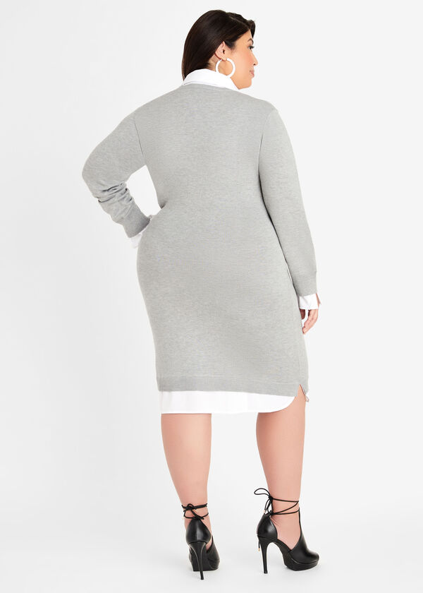 Poplin Trimmed Sweater Dress, Heather Grey image number 1