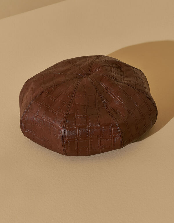 Textured Faux Leather Beret, Brown image number 1