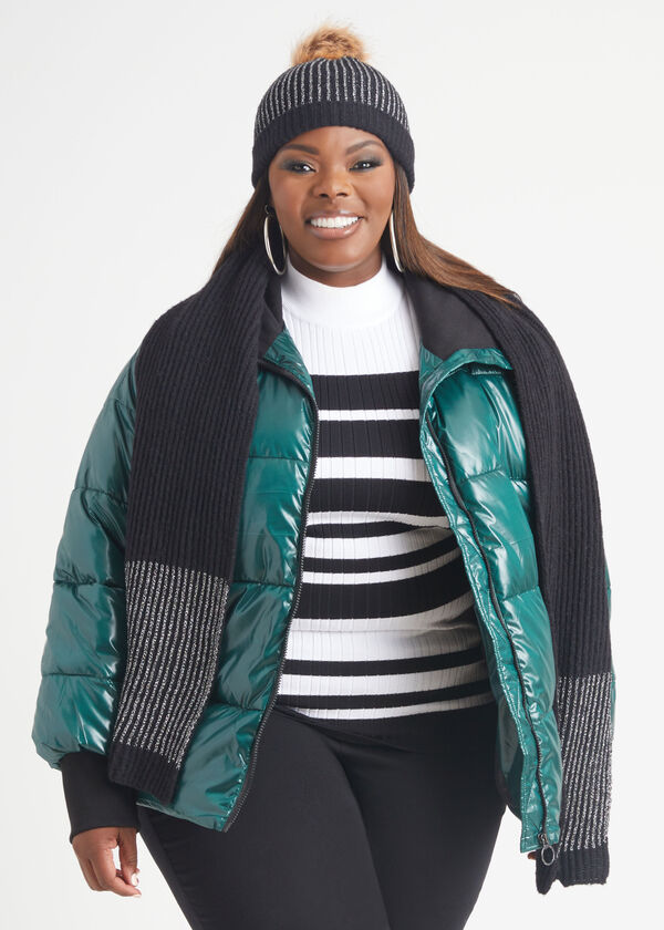 Knit Trimmed Glossed Puffer Jacket, Green image number 2