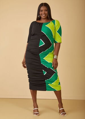 Ruched Textured Knit Midi Dress, Black Combo image number 0