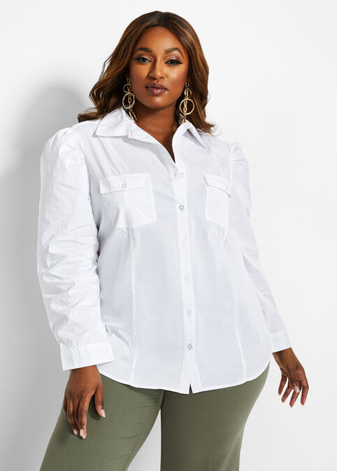 Tall Puff Sleeve Button Top, White image number 2