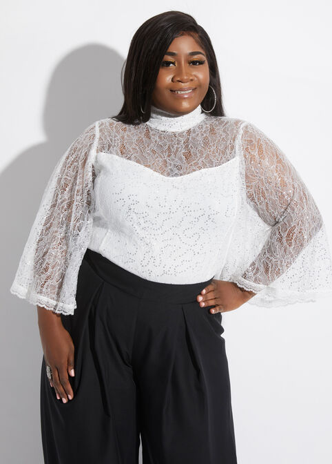 Sequin Lace Bell Sleeve Top, White image number 2