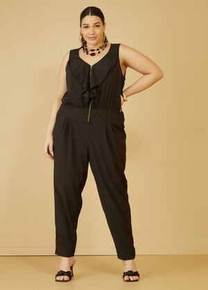 Ruffle Trimmed Tapered Jumpsuit, Black image number 0