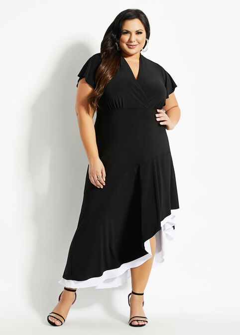 Plus Size Colorblock Wrap Knit Flounce Sleeve Asymmetric Maxi Dresses image number 0