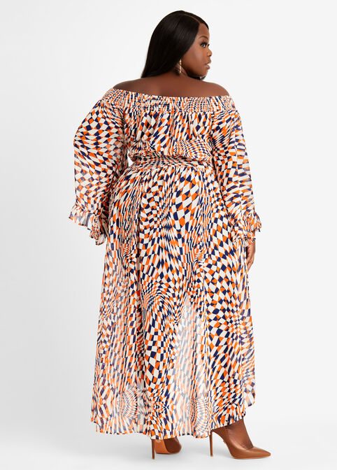 Abstract Off Shoulder Duster Top, Rooibos image number 1