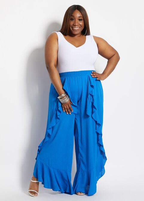 Ruffle Gauze Tie Front Pant, Victoria Blue image number 2