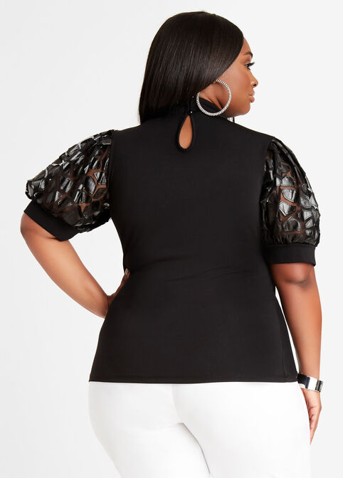 Faux Leather Puff Sleeve Top, Black image number 1
