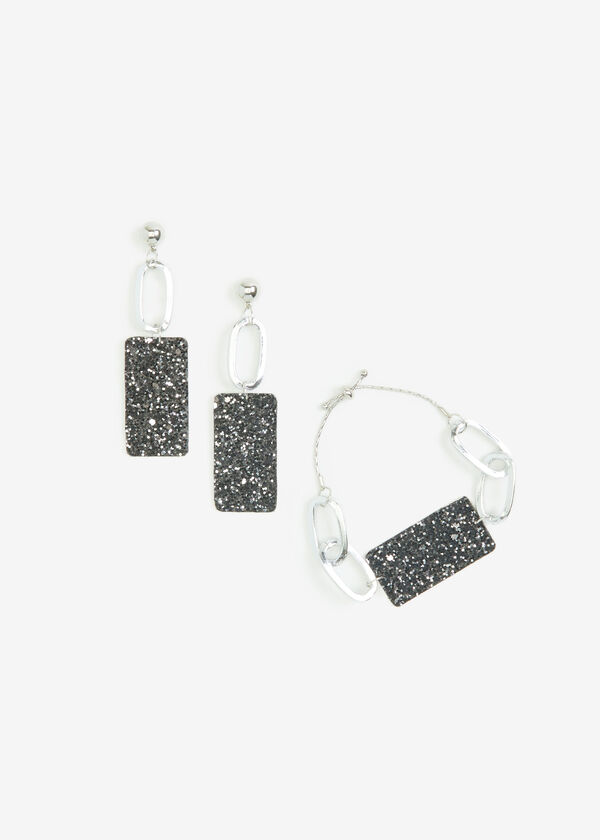 Glittered Bracelet & Earrings Set, Black image number 0