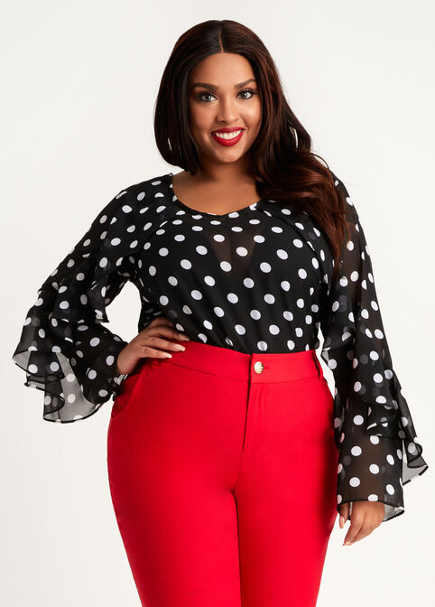 Dot Woven Ruffle Flare Sleeve Top, Black White image number 0
