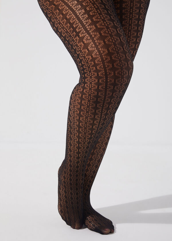 Open Knit Footed Tights, Black image number 0