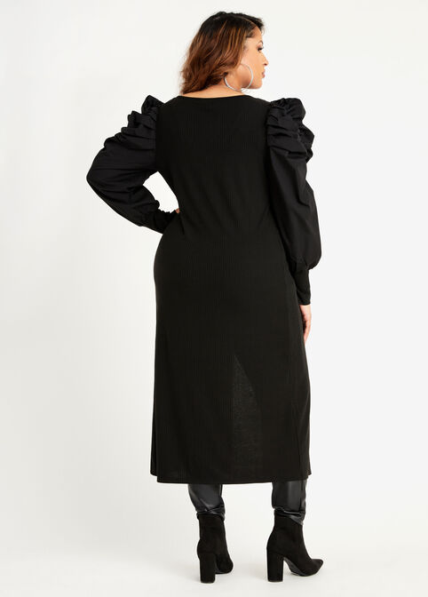 Knit Puff Sleeve Slit Duster Top, Black image number 1